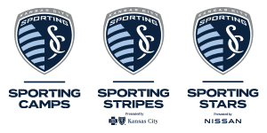 CampsStripesStars Three Sporting Kansas City camp logos shown side by side: Sporting Camps, Sporting Stripes, and Sporting Stars, each with shield designs and sponsor branding below.